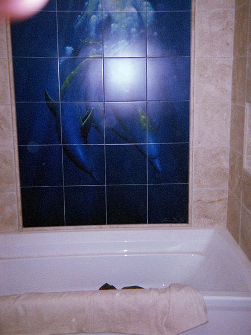 Dolphin mural in blue tile set above a bathtub.